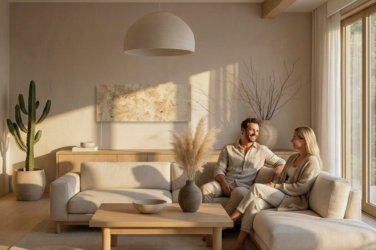 Marwona Jura-Natursteinheizung im Wohnzimmer als Beispiel einer elektrischen Zusatzheizung (KI-generierte Illustration)