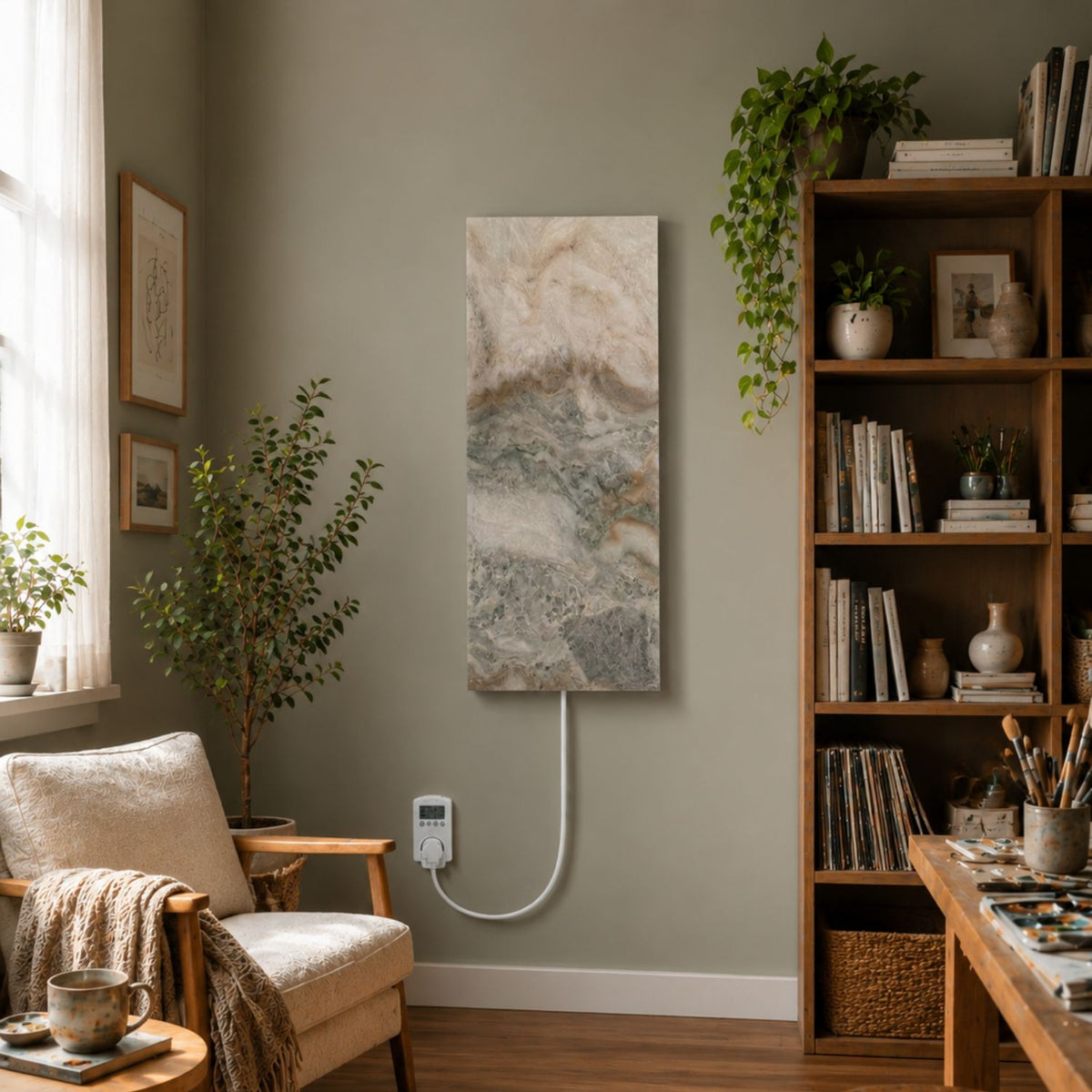 Radiateur infrarouge mural en pierre naturelle à côté d’un fauteuil dans une pièce à vivre