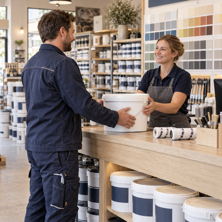 Handwerker kauft Farbe und Malerzubehör im Fachhandel